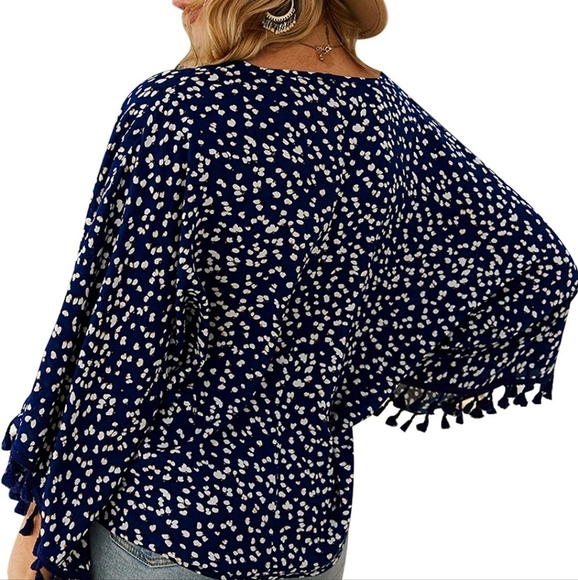 Womens V Neck Printed Fringe Long Sleeves Tops Casual Loose Blouse Large - Picture 2 of 4